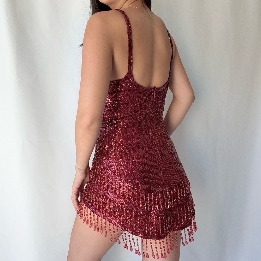 Trashy LA Flapper Sequin Beaded Costume Mini Dress in Burgundy - Picture 5 of 6